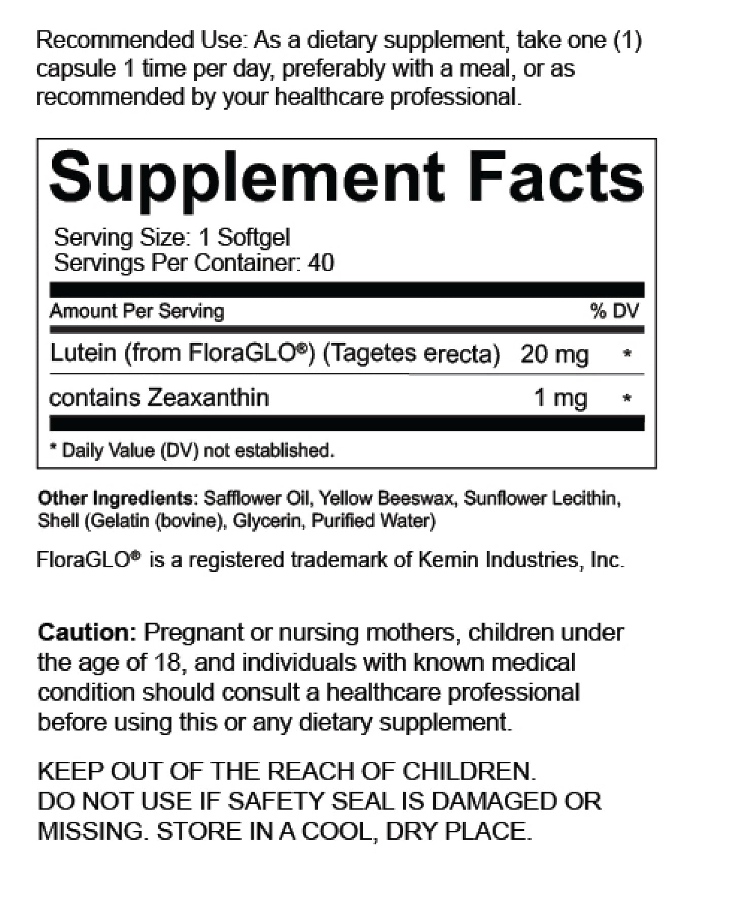 Supplement facts for Lutein with FloraGLO