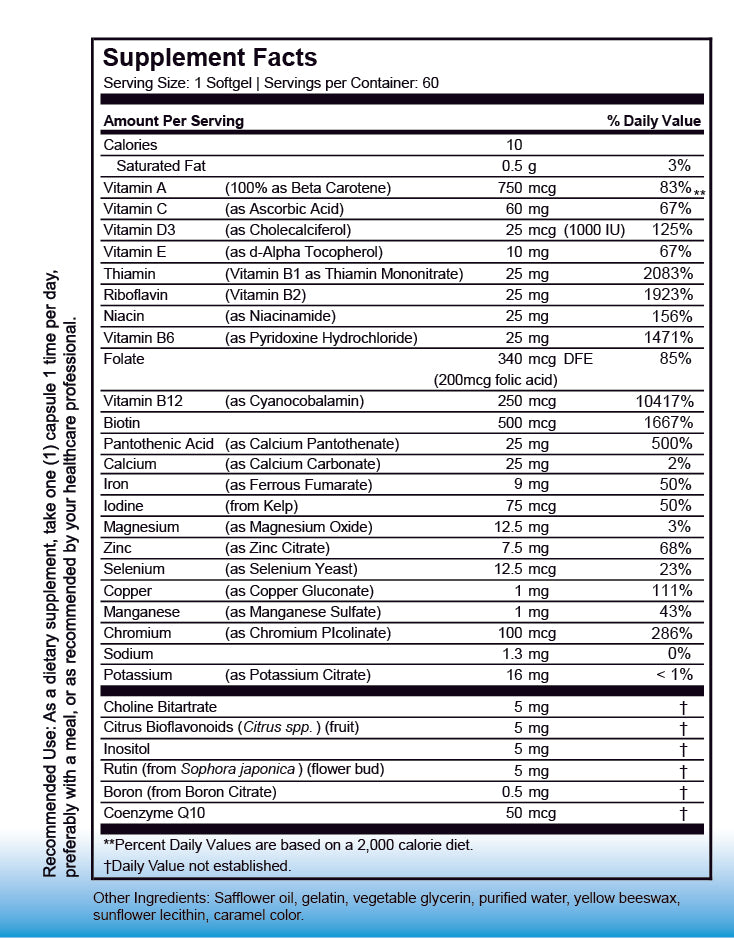 Supplement facts for super multi-vitamin